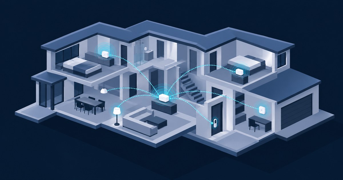 Cutaway isometric two-story house at night with a central hub on a living room console linked by dashed blue lines to devices, lamps and a door lock