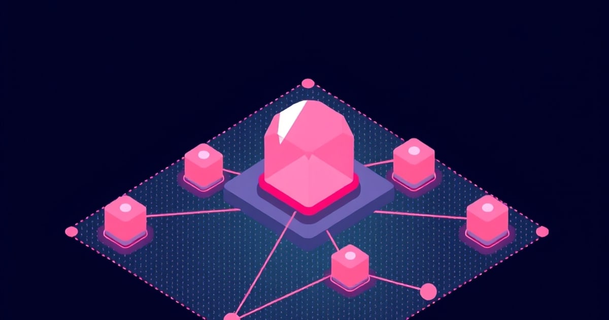 A pink isometric hub node with a central hexagonal crystal connects to smaller cube nodes across a dotted network grid, evoking a local mesh operating independently.