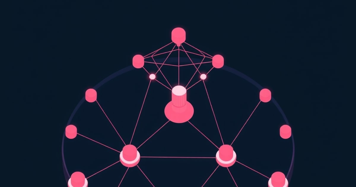 Glowing pink node clusters linked by mesh lines within a circular boundary on dark navy, showing router hubs branching to smart device nodes across a home network.