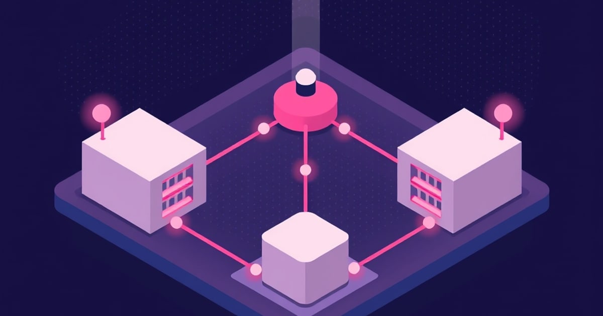 Isometric illustration of antenna-topped devices and a lit hub puck joined by glowing links into a diamond mesh, representing Thread and its border router