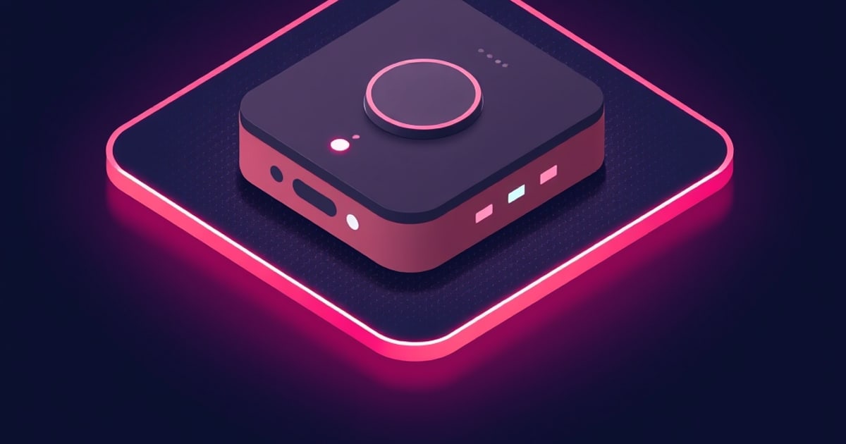 An isometric smart home hub with a glowing pink outline sits on a dark tile, featuring a circular button, status light, and small port indicators on its edge.