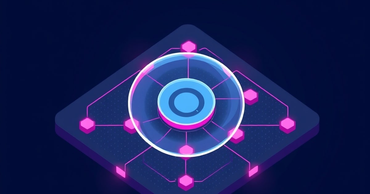 Glowing blue circular button inside a translucent ring on an isometric dark circuit board linked to pink hexagonal nodes, evoking a Matter device reset