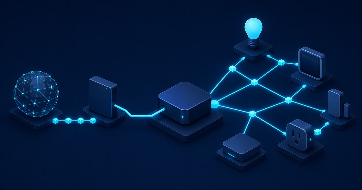 Dark blue 3D scene connects a globe and router to a mesh of a bulb, display, smart plug, and other Matter and Thread devices.