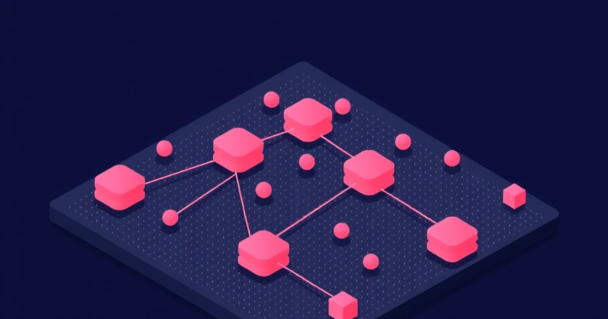Pink isometric hub-and-node network with rounded device blocks linked by lines on a dark dotted platform, evoking connected smart home controllers sharing one fabric.