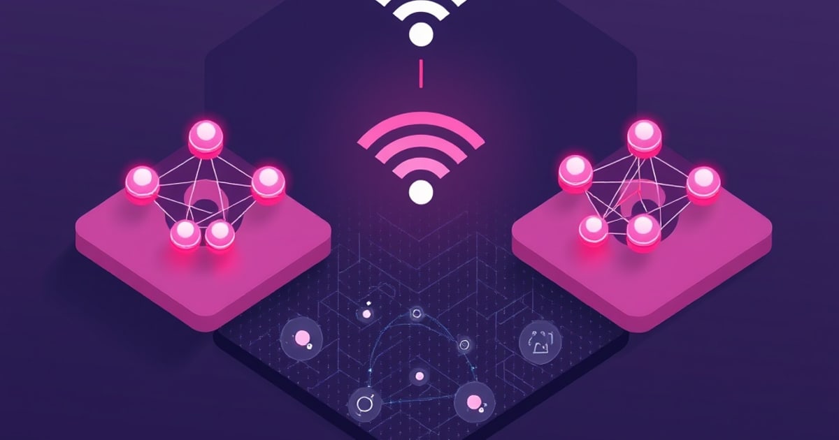 Two pink isometric mesh networks of connected nodes sit on floating platforms, linked to a central Wi-Fi signal icon above a dark hexagonal circuit pattern.