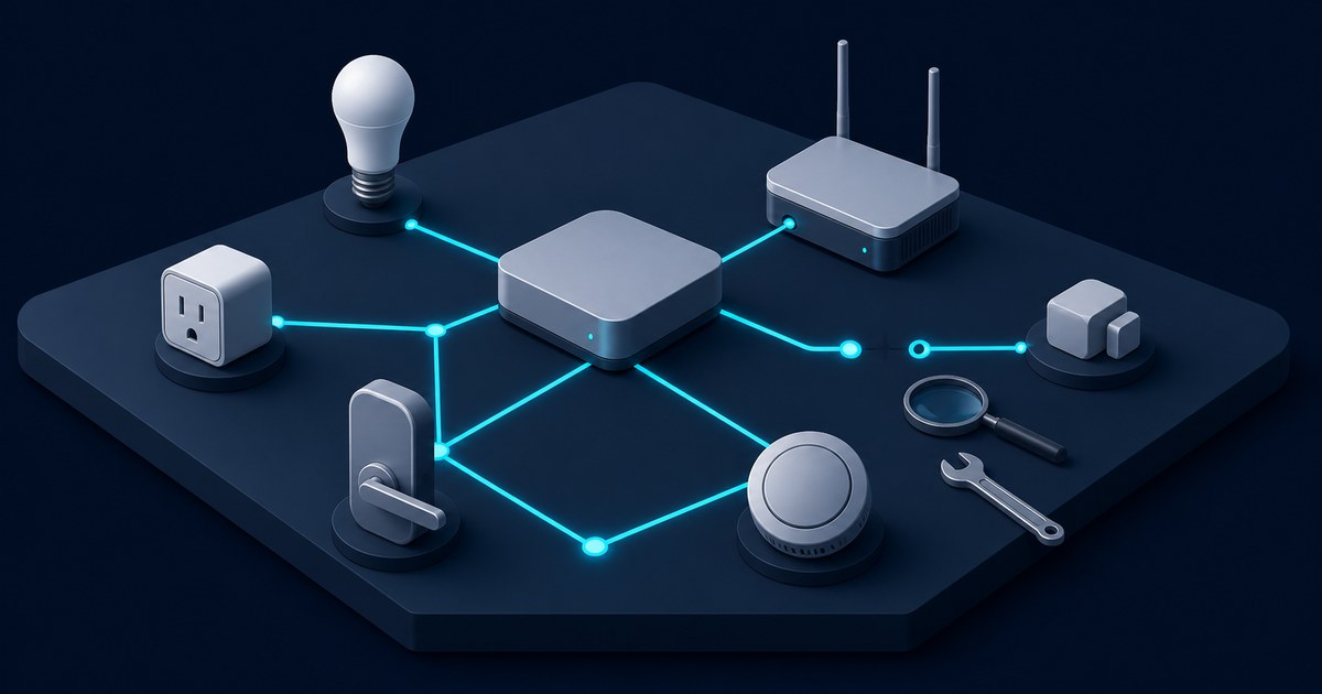 Isometric smart home hub on a dark platform wired by cyan lines to a bulb, plug, lock, router and thermostat, with a broken link to a sensor beside a wrench.