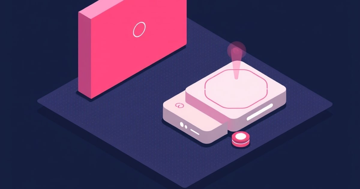 A pink smart-home hub with a glowing octagonal panel sits beside a small round sensor button and a tall pink slab, arranged in a flat isometric style.
