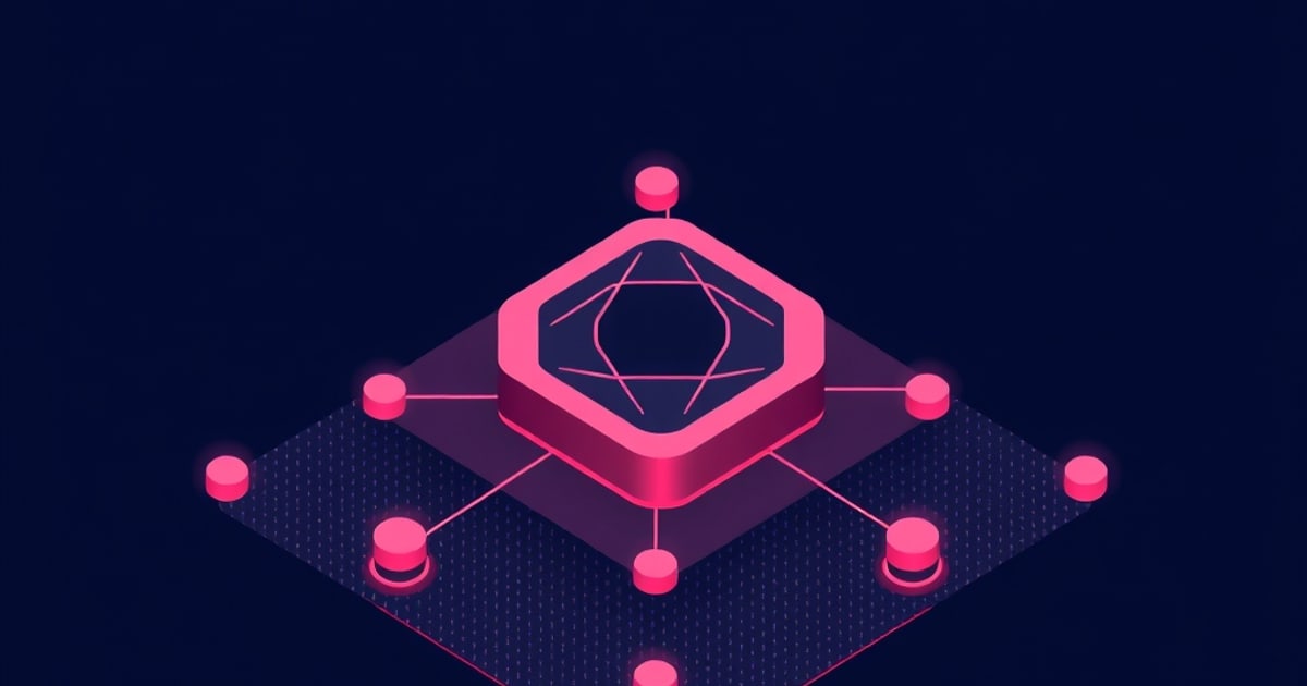 Flat isometric illustration of a pink rounded-hexagon emblem holding a wireframe polygon, raised above a dark diamond pad with eight linked pink node pucks.
