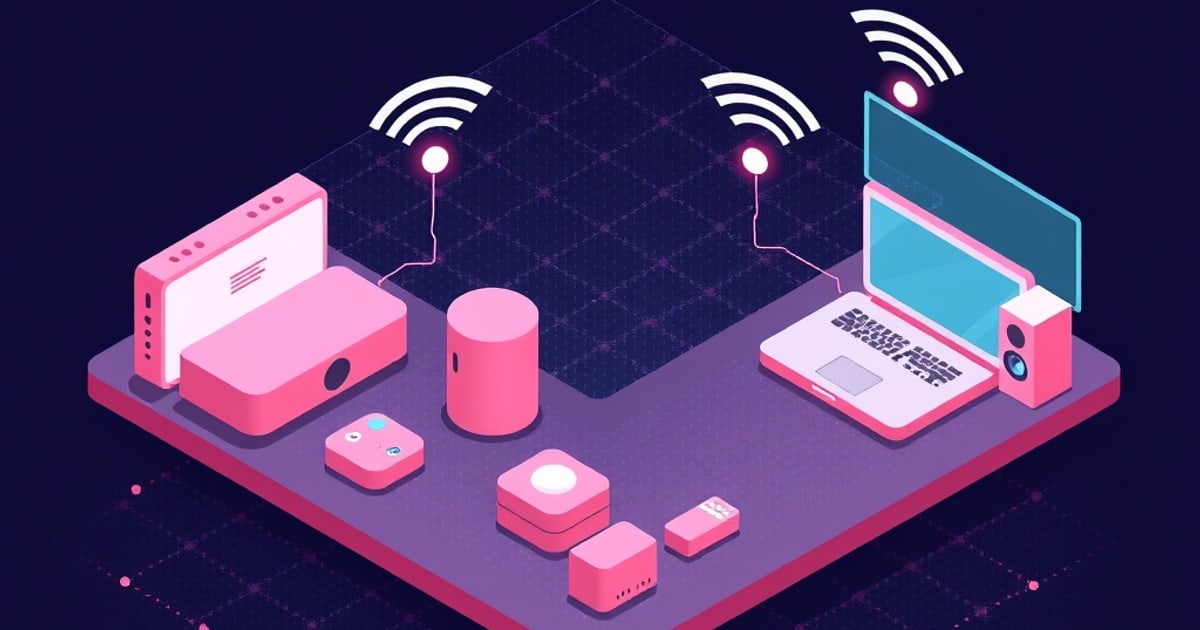 Pink isometric smart home gadgets, a hub, speaker, sensors, laptop and monitor on a purple platform, linked by glowing Wi-Fi signal icons against a dark background.