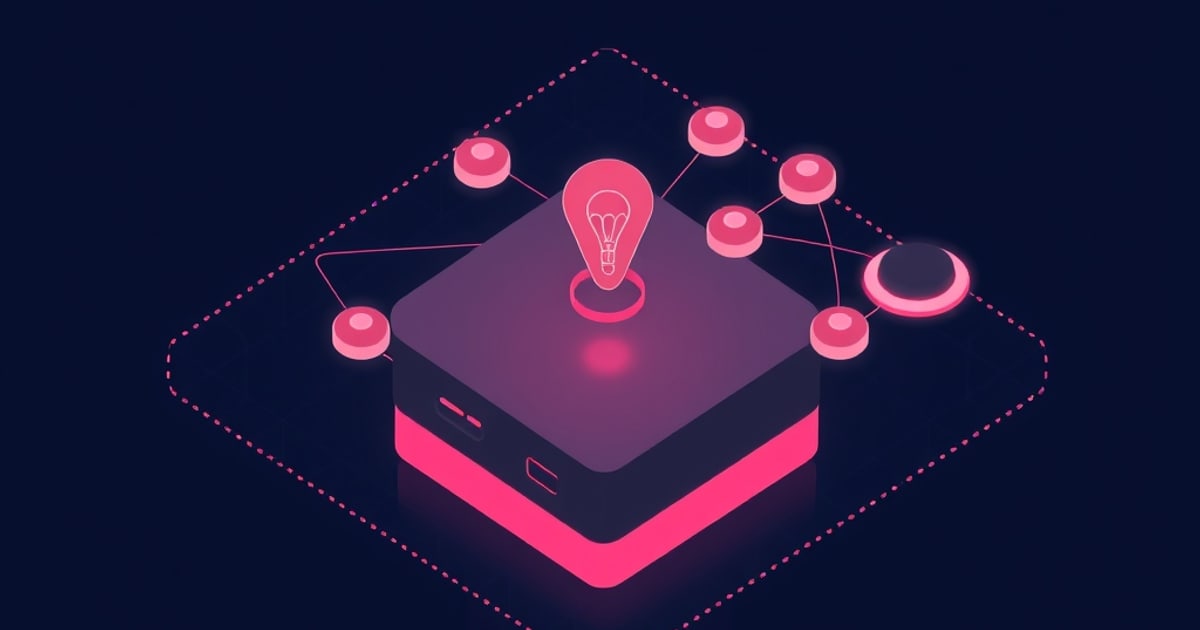 Flat isometric illustration of a dark hub device with a glowing pink bulb outline above it, ringed by linked pink nodes inside a dashed diamond outline.