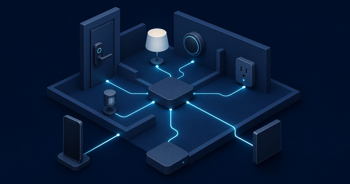 Isometric navy smart home where a central controller hub, a phone and a second hub link by glowing lines to a door lock, lamp, thermostat and outlet.
