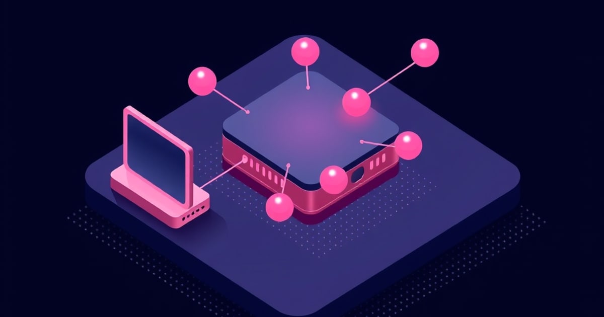 An isometric pink hub device with a glowing top panel sits beside a small screen on a stand, connected by thin lines to scattered glowing spheres representing disrupted wireless links.